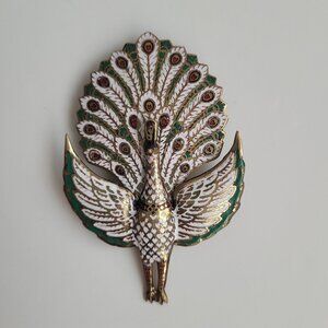Vintage Royal Siam Enamel Foldable Peacock Pin/Brooch with Brass Backing